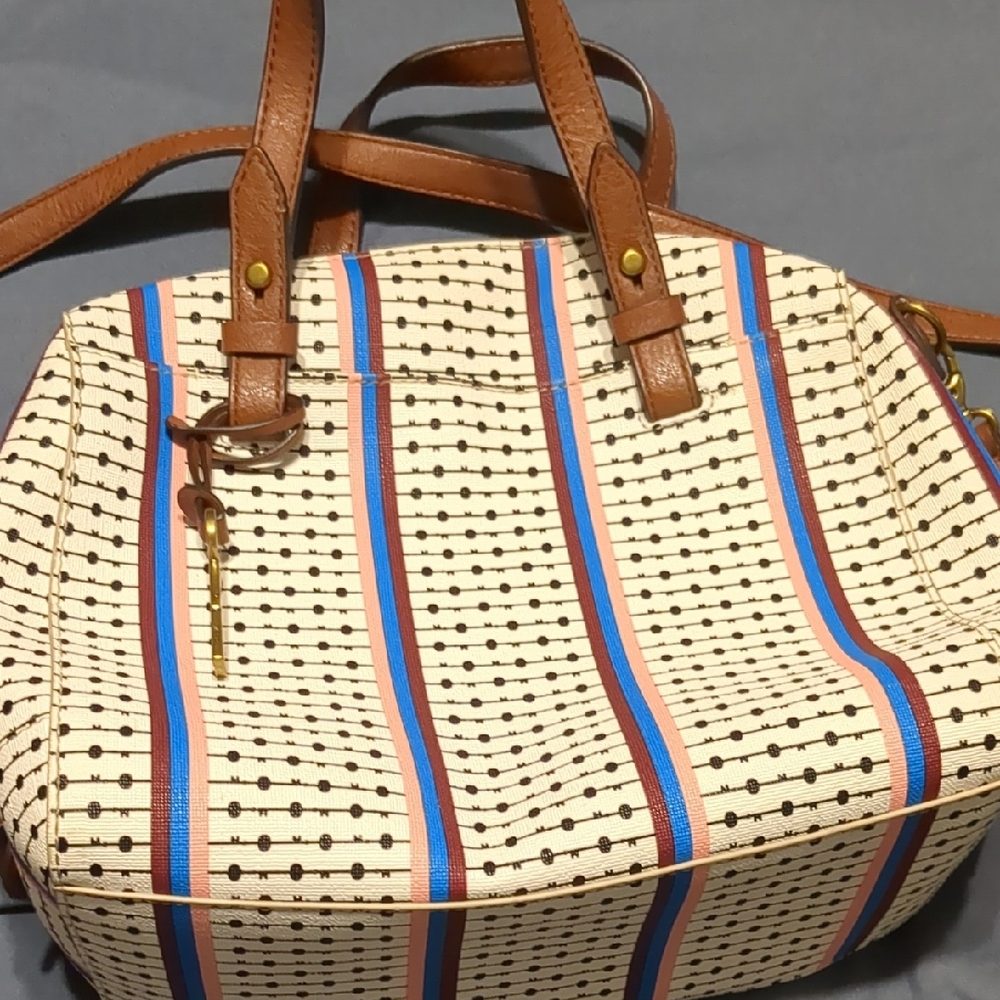 Stylish Fossil Cream and Brown Women's Bag Coated Canvas With Leather Trim